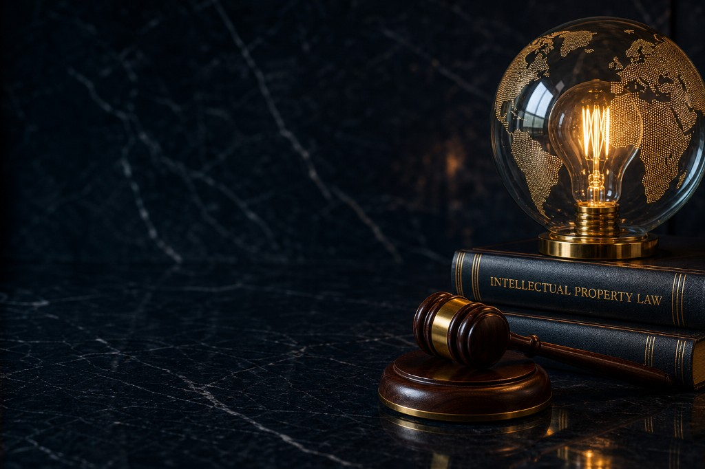 Glowing globe lamp on Intellectual Property Law books beside a wooden gavel on dark marble — left side clear for headline
